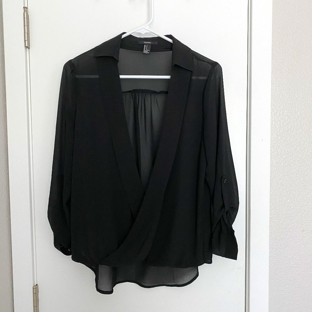 Sheer black twist front collared blouse NWOT